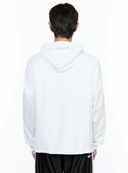 Men's Lightweight Windbreaker Jacket IL515 White back shot on male model showing clean hood construction and elastic drawstring hem in lightweight nylon