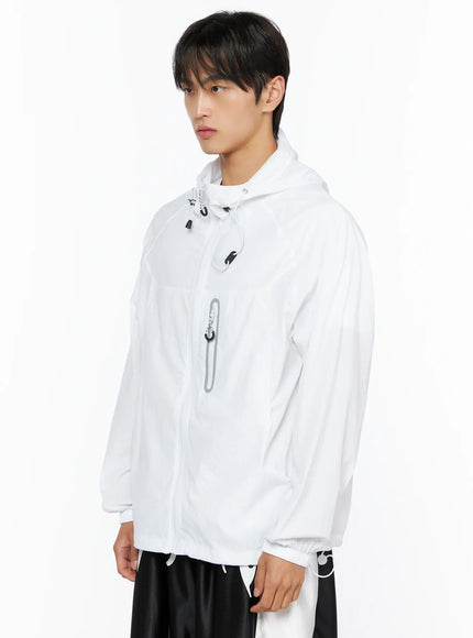 Men's Lightweight Windbreaker Jacket IL515 White side shot on male model showing reflective chest pocket zipper and drawstring hood detail