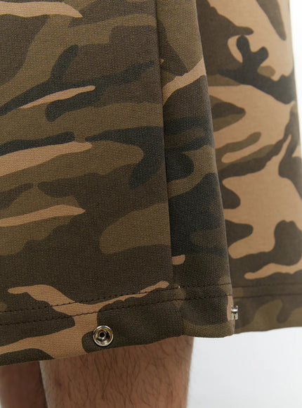 Men's Logo Embroidered Snap Hem Bermuda Sweat Shorts (Camouflage) IL507 Camouflage back view on model, elastic waistband, clean camo print cotton panel, wide-leg silhouette, small logo tag at lower left hem