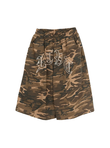 Men's Logo Embroidered Snap Hem Bermuda Sweat Shorts (Camouflage) IL507 Camouflage flat-lay front view showing elastic waistband, RTBT old-English embroidery, camo cotton fabric, side pockets and snap hem details
