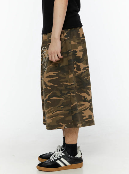 Men's Logo Embroidered Snap Hem Bermuda Sweat Shorts (Camouflage) IL507 Camouflage close-up detail of snap button hem and side seam on camouflage cotton fabric, silver metal snap fastener visible