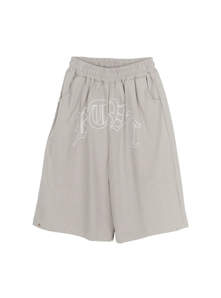 Men's Logo Embroidered Snap Hem Bermuda Sweat Shorts (Gray) IL507 gray flat-lay front showing elastic waistband side pockets old-English logo embroidery and snap hem