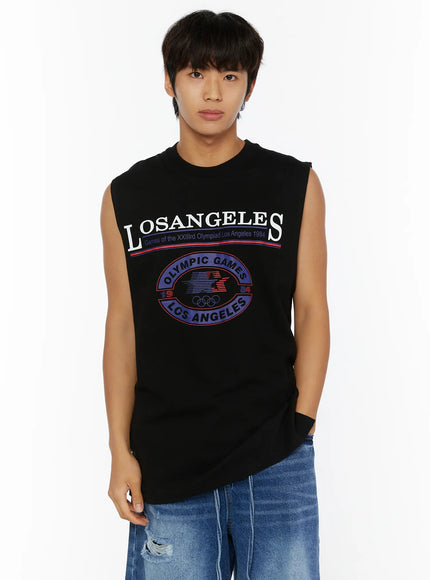 Men's Los Angeles Print Tank IL509 Black close-up front shot on male model showing LOSANGELES Olympic Games 1984 chest graphic print detail