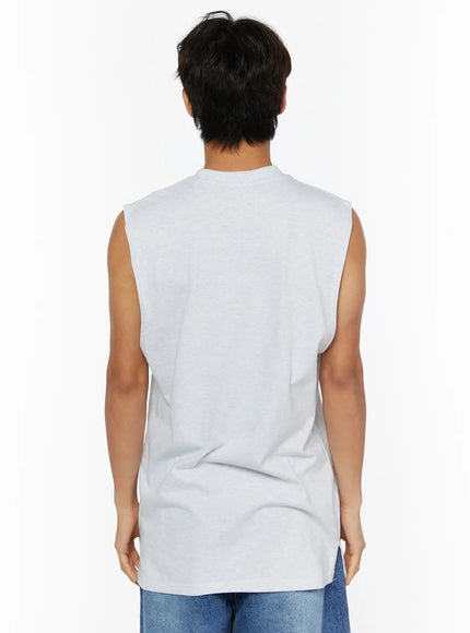 Men's Los Angeles Print Tank IL509 Light gray back shot on male model showing plain light gray sleeveless back panel and dropped armhole cotton fabric