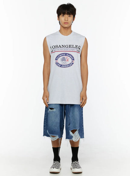 Men's Los Angeles Print Tank IL509 Light gray front shot on male model standing upright with Olympic Games graphic print and sleeveless cotton silhouette