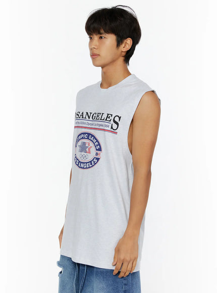 Men's Los Angeles Print Tank IL509 Light gray side shot on male model showing right profile with Los Angeles Olympic Games graphic and relaxed fit