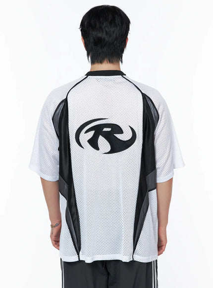 Men's Mesh Contrast V-Neck T-Shirt IU523 White back shot on male model showing large back logo print and black wave contrast panels with perforated mesh fabric
