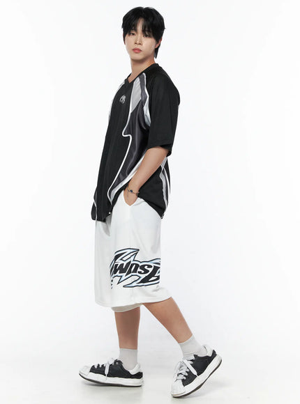 Men's Mesh Contrast V-Neck T-Shirt IU523 Black side shot on male model walking pose showing white and grey contrast wave panels with white graphic shorts