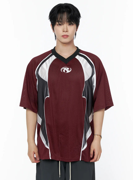 Men's Mesh Contrast V-Neck T-Shirt IU523 in Dark red, size L