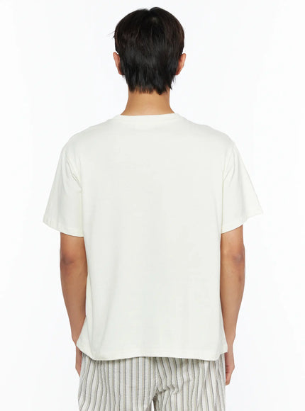 Men's Music Print T-Shirt IL515 ivory back shot male model standing showing plain clean back panel crew neck short sleeve relaxed cotton construction