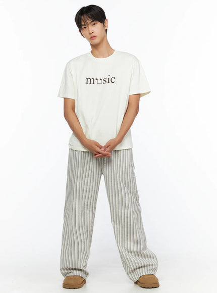 Men's Music Print T-Shirt IL515 in Light yellow, size S/M