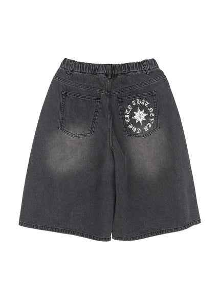 Men's 'Never Stop' Graphic Bermuda Jorts (Dark Gray) IL507 flat-lay back view showing elastic waistband two back pockets star circular graphic print washed denim