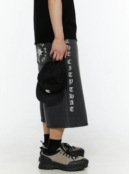 Men's 'Never Stop' Graphic Bermuda Jorts (Dark Gray) IL507 in Dark gray, size M/L