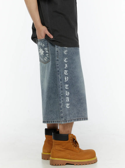 Men's 'Never Stop' Graphic Bermuda Jorts (Light Blue) IL507 in Light blue, size M/L