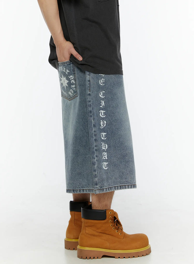 Men's 'Never Stop' Graphic Bermuda Jorts (Light Blue) IL507 in Light blue, size M/L