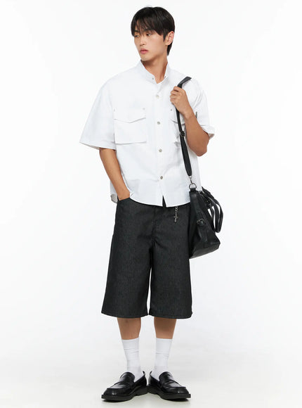 Men's No-Fade Striped Shorts IL515 Stripe full-body three-quarter on male model in white cargo shirt carrying black crossbody bag with loafers