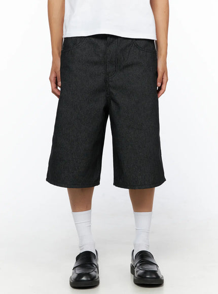 LEWKIN Men's No-Fade Striped Shorts IL515 Stripe S front view on model wearing white tee and black loafers with wide-leg pinstripe silhouette