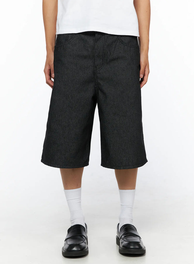 LEWKIN Men's No-Fade Striped Shorts IL515 Stripe S front view on model wearing white tee and black loafers with wide-leg pinstripe silhouette