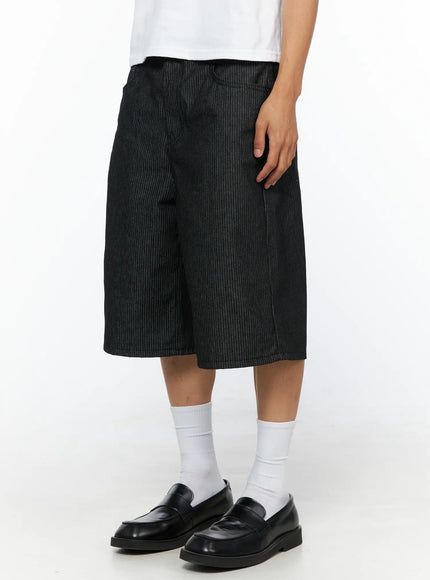 Men's No-Fade Striped Shorts IL515 Stripe side view on model showing angled silhouette with patch pocket detail and pinstripe texture