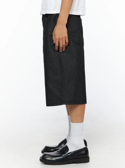 Men's No-Fade Striped Shorts IL515 Stripe side close-up on model showing straight silhouette side seam and rear patch pocket detail with loafers