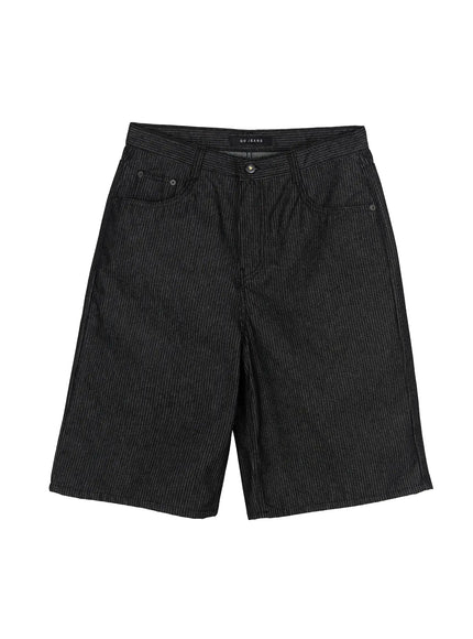 Men's No-Fade Striped Shorts IL515 Stripe flat-lay front showing pinstripe pattern waistband button fly and wide-leg cut on white background