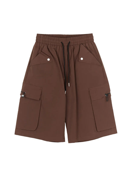 Men's Nylon Cargo Drawstring Bermuda Shorts (Dark Brown) IL507 Dark brown flat-lay front showing elasticated drawstring waist, snap pockets, and large side cargo pockets with toggle closures