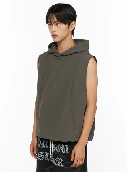 Men's Nylon Hooded Vest IL520 Dark green side shot on male model showing structured hood, snap button closure, and lightweight nylon fabric