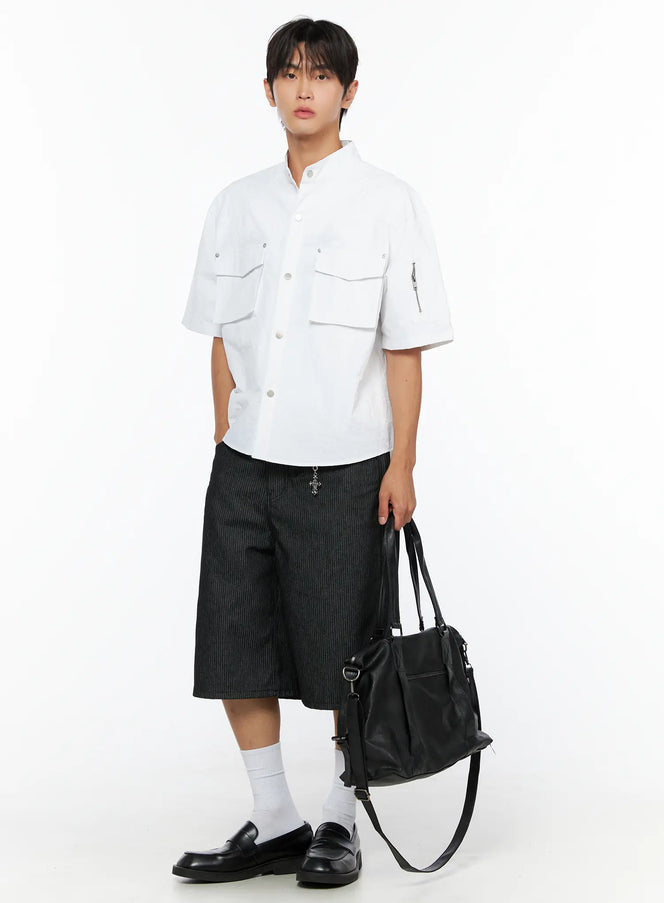 LEWKIN Men's Nylon Utility Shirt IL515 White full-body front shot on model styled with dark striped shorts, white socks, black loafers, and black leather bag
