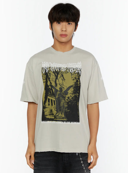 Men's Oversized Graphic T-Shirt IL513 in Dark beige, size M/L