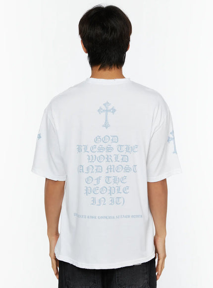 Men's Oversized Graphic T-Shirt IL513 White back full-body model shot displaying blue gothic cross and God Bless The World old English back print