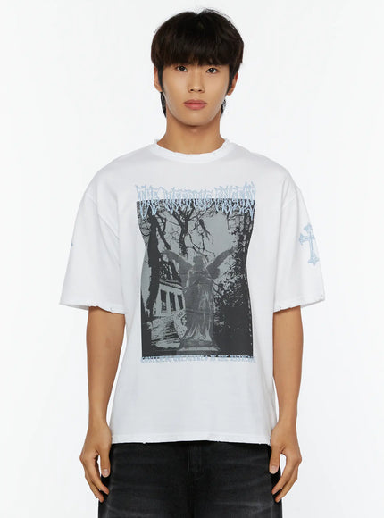 Men's Oversized Graphic T-Shirt IL513 White front close-up model shot showing full angel statue graphic gothic text print blue cross sleeve and distressed neckline