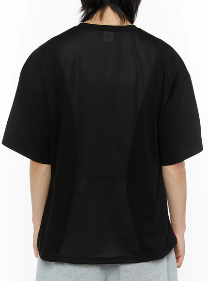 Men's Oversized Mesh Tee (Black) IL509 back view on male model showing full perforated mesh back panel with cotton side and sleeve panels