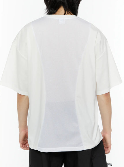Men's Oversized Mesh Tee (White) IL509 white back shot on male model revealing large mesh center panel across upper and lower back