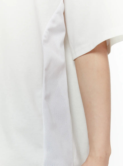 Men's Oversized Mesh Tee (White) IL509 white close-up detail of side seam showing vertical perforated mesh panel texture and drape