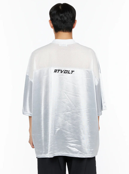 Men's Oversized Sports Jersey Tee IL514 Silver back close-up on model showing RTVOLT lettering and mesh upper back panel with satin lower body