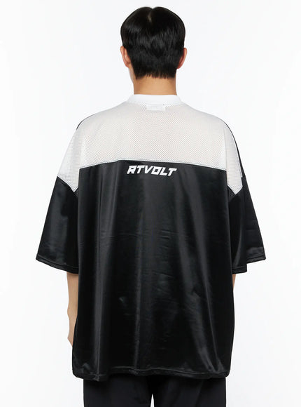 Men's Oversized Sports Jersey Tee IL514 Black back shot on male model displaying RTVOLT back print white mesh yoke panel and oversized satin silhouette