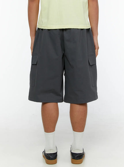 Men's Parachute Cargo Shorts IL515 Dark gray back shot on male model showing elastic waistband, rear cargo pocket flaps and wide boxy fit