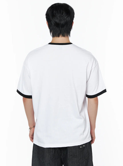 Men's Patch Detail Short Sleeve Tee IU523 White back view on male model, clean oversized back panel, black ringer collar and sleeve cuffs, relaxed cotton fabric