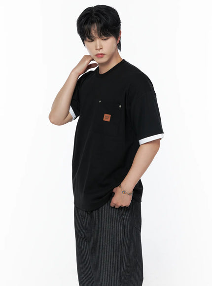 Men's Patch Detail Short Sleeve Tee IU523 in Black, size M/L