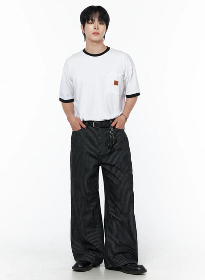 Men's Patch Detail Short Sleeve Tee IU523 White front view on male model standing with hands in pockets, black ringer trim, chest pocket with leather patch, size M/L