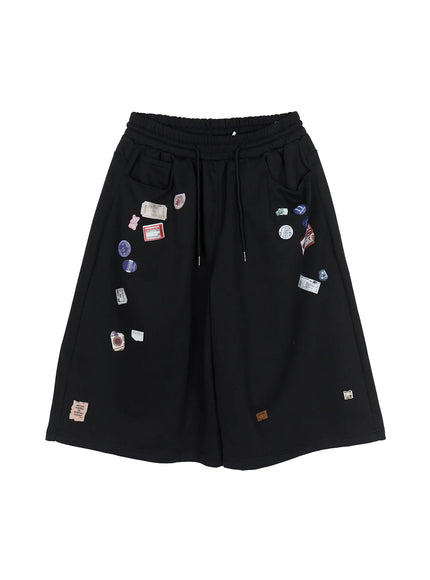 Men's Patch Detail Shorts (Black) IL509 in Black, size M/L