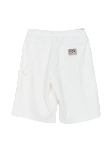 Men's Patch Pocket Jorts IL515 White flat-lay back view showing cargo patch pockets, Finest Quality No Stop logo label, and cuffed hem