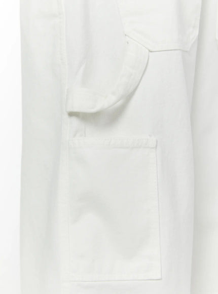 Men's Patch Pocket Jorts IL515 White close-up detail of side cargo pocket with flap and round pocket opening on cotton twill fabric