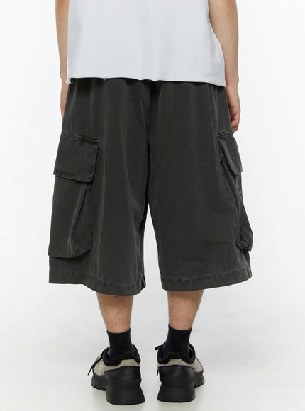 Men's Pigment Bermuda Cargo Shorts (Dark Gray) IL507 Dark gray back model shot displaying rear cargo pockets elastic waistband and pigment-washed cotton fabric