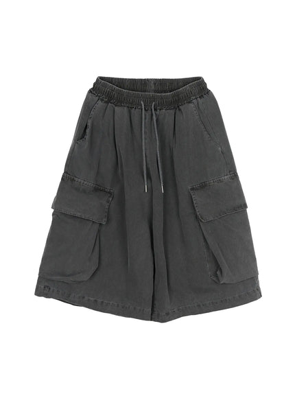 Men's Pigment Bermuda Cargo Shorts (Dark Gray) IL507 Dark gray flat-lay front view showing elastic drawstring waist dual flap cargo pockets layered hem and washed finish