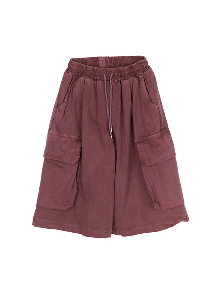 Men's Pigment Bermuda Cargo Shorts (Dark Pink) IL507 Dark Pink flat-lay front view showing elastic drawstring waistband, double cargo pockets, and washed cotton texture