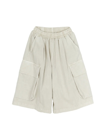 Men's Pigment Bermuda Cargo Shorts (Light Beige) IL507 Light Beige flat-lay front view showing elastic drawstring waist dual flap cargo pockets and wide-leg cut