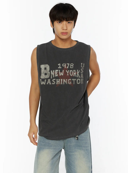 LEWKIN Men's Pigment Graphic Tank IL507 Dark gray front view on male model wearing wide-leg jeans, vintage distressed graphic print