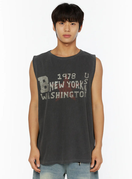 Men's Pigment Graphic Tank IL507 Dark gray front view on male model straight pose showing B New York Washington 1978 USA vintage washed graphic