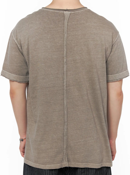 Men's Pigment Washed T-Shirt IU523 Khaki back shot on male model showing prominent center back vertical seam raw-edge cuffs and pigment washed cotton texture
